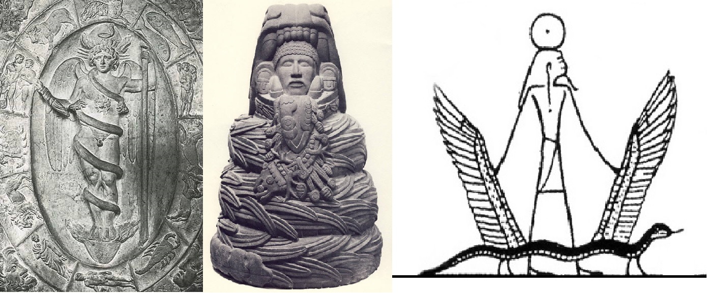 From left to right - Mithras is depicted in the center of the zodiac with the sun atop his head, a serpent wrapped around his body and wings on his back. Quetzalcoatl looks out from within a serpent that is covered in feathers. The sun god in Egypt has the symbol of the sun atop his head and holds out the wings of a feathered serpent.