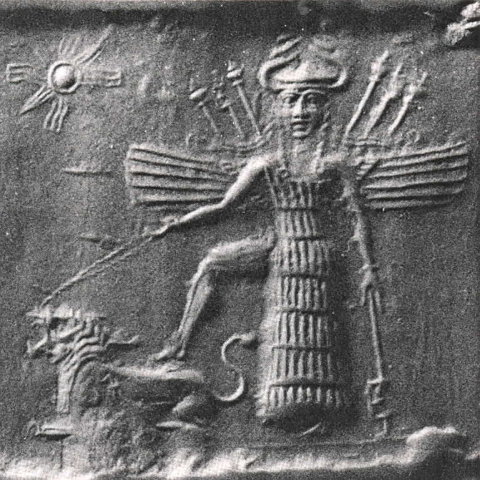 The Sumerian goddess Inanna and her lions.