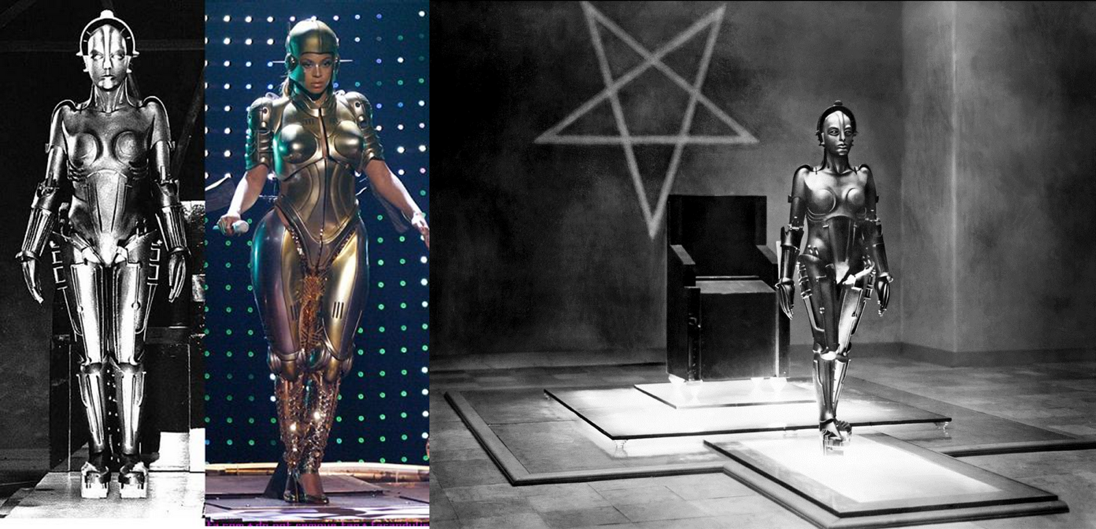 A pop star mimics a character from the old film Metropolis in which a woman was created to destroy men through sexual desire using entertainment.