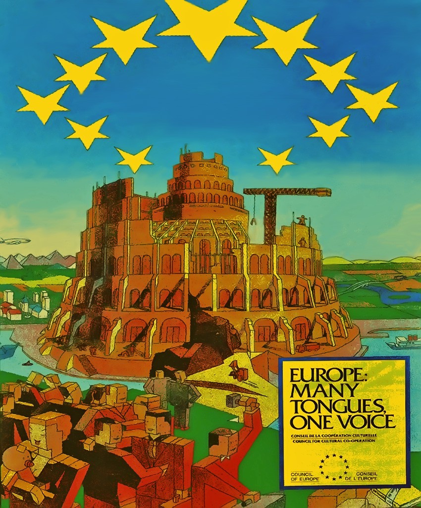 A poster for the EU containing upside down pentagrams and an image that bears a striking resemblance to the tower of Babel, mentioned in the Bible.