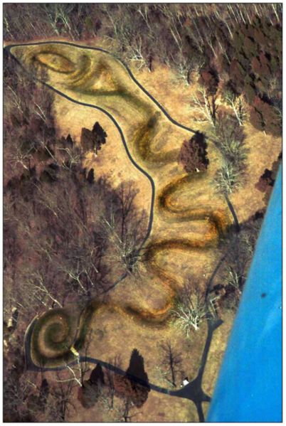The serpent mound in Ohio, whose head aligns with the summer solstice sunset. (photo copyright 2002 Timothy A. Price and Nicole I.)