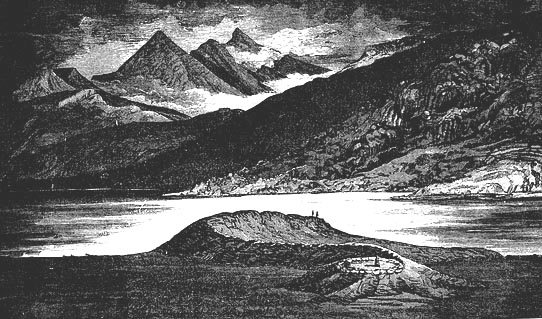 A drawing published in 1883 of the Loch Nell serpent mound in Scotland. The altar in the stone circle at the head of the serpent is in the foreground, and the 3 mountain peaks in the background. The design of this particular serpent mound is strikingly similar to the one in the United States.
