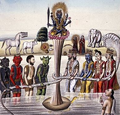 An illustration of the Hindu story of the Churning of the Milky Ocean in which the asuras (demons) and the devas (angels) are pitted against one another in a struggle of cosmic proportions.