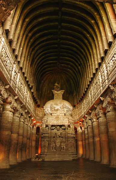 The cave at Ajanta called number 26, which aligns to the summer solstice sunrise. As the sun rises, a beam of light penetrates this cave and illuminates the stupa and the statue of Buddha within. (photo copyright 2011 wiki user dola.das85)